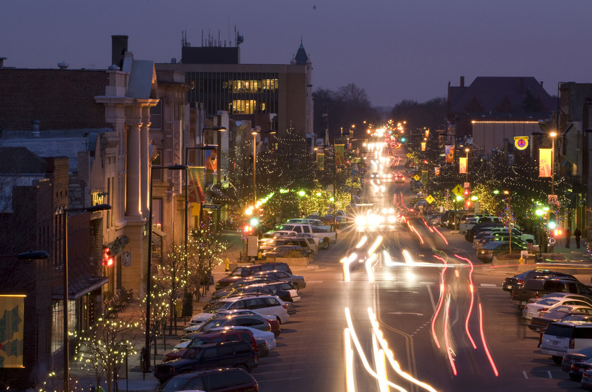 Night view of downtown Lawrence looking down Mass. Street toward the south.